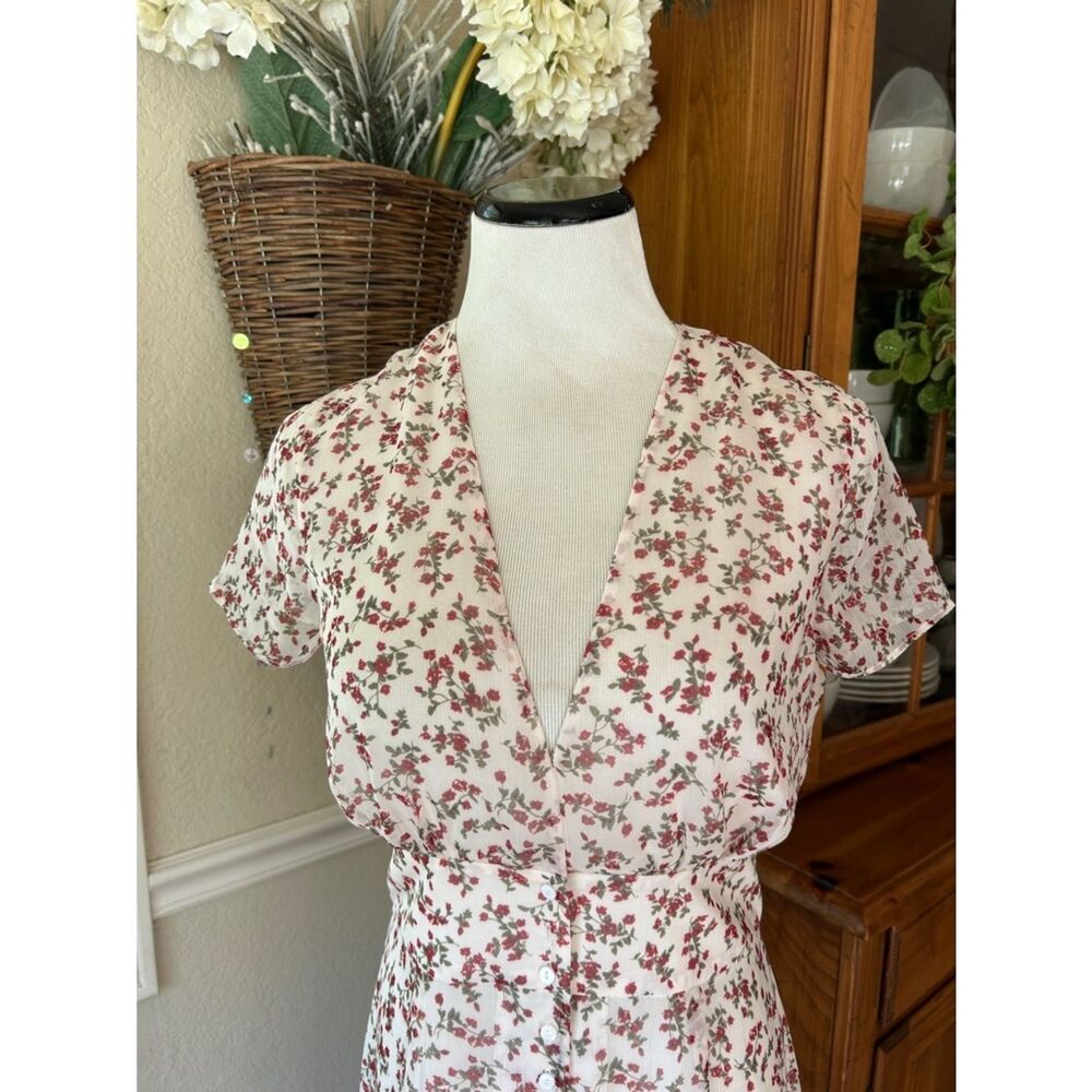 East- Order  V-Neck Sheer Button-Front Maxi Dress - Cream with Pink Floral New